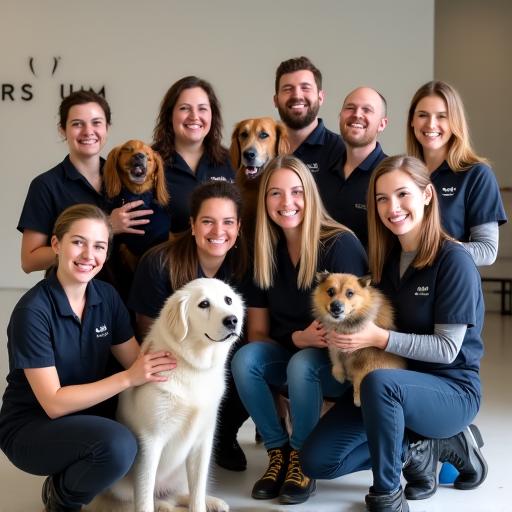 L'équipe souriante de LuneChien Emporium avec des animaux.