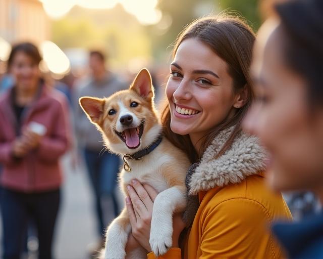 Un bénévole souriant présentant un chiot lors d'une journée d'adoption.
